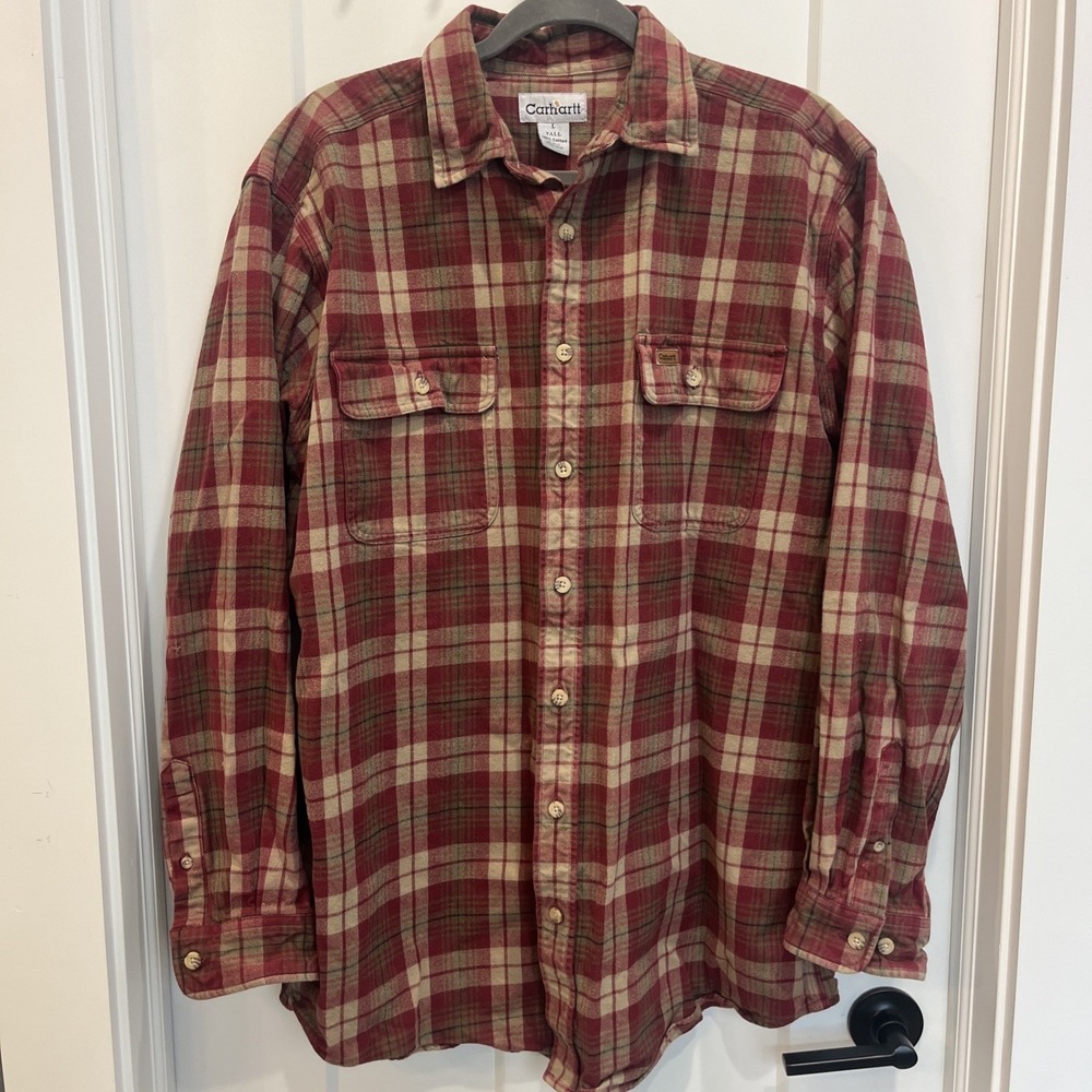 Carhartt Men's Long Sleeve Heavyweight Flannel Shirt Red Tan Plaid Sz Large Tall